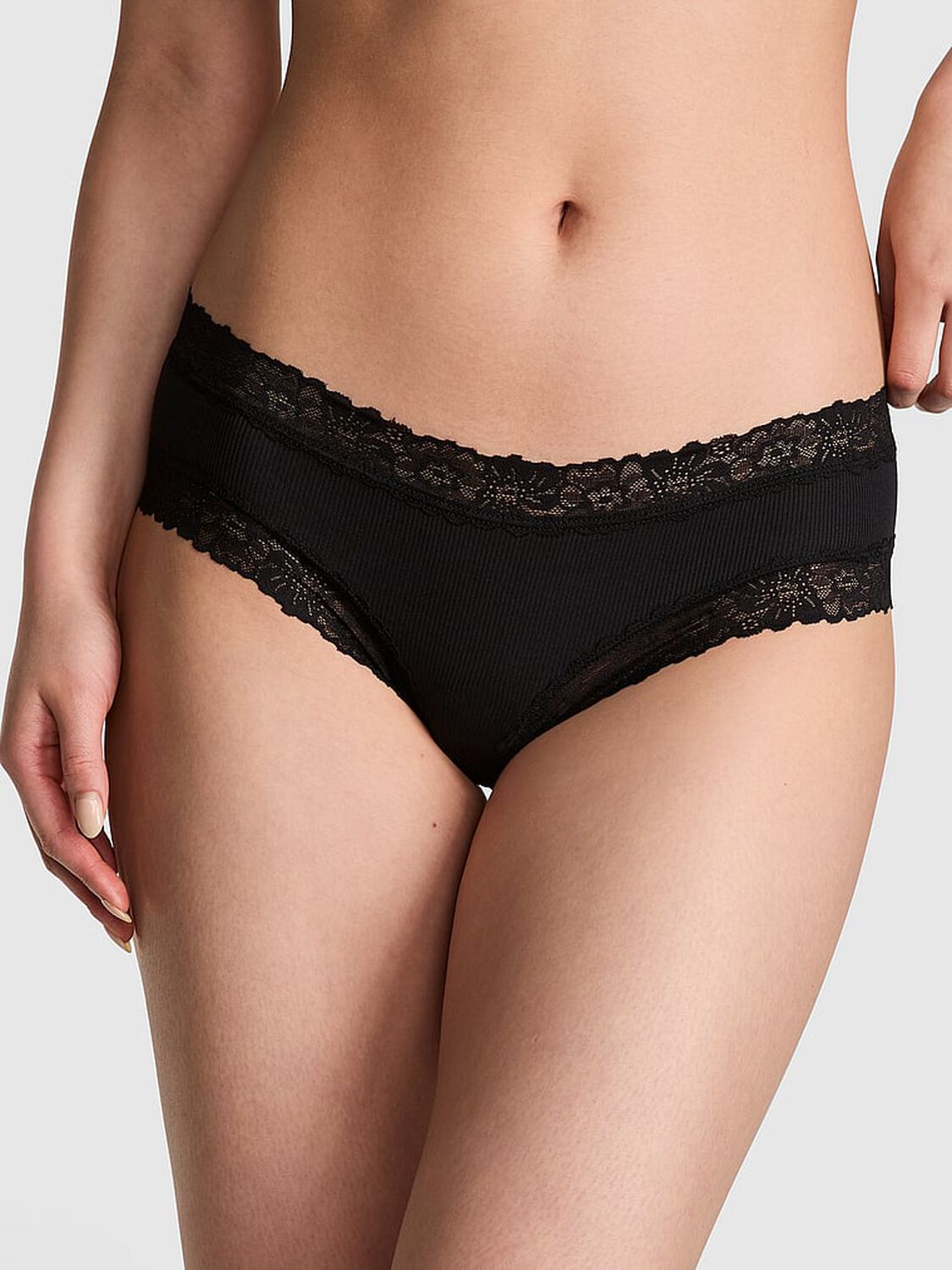 vs Pink Wink Lace-Trim Cheeky Panty Pure Black 1 of 3 