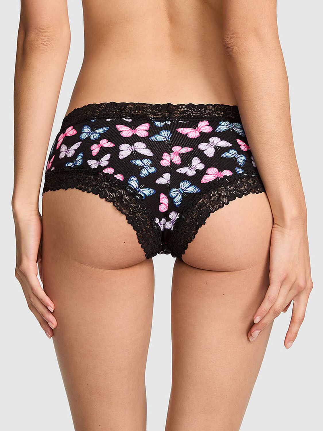 vs Pink Cotton Lace Trim Cheeky Panty Black Multi Color Butterfly 2 of 3 