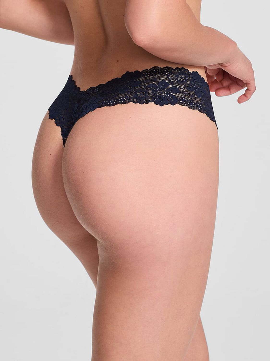 vs Pink Wink Lace-Trim Thong Panty Noir Navy Fruit Print 1 of 3 