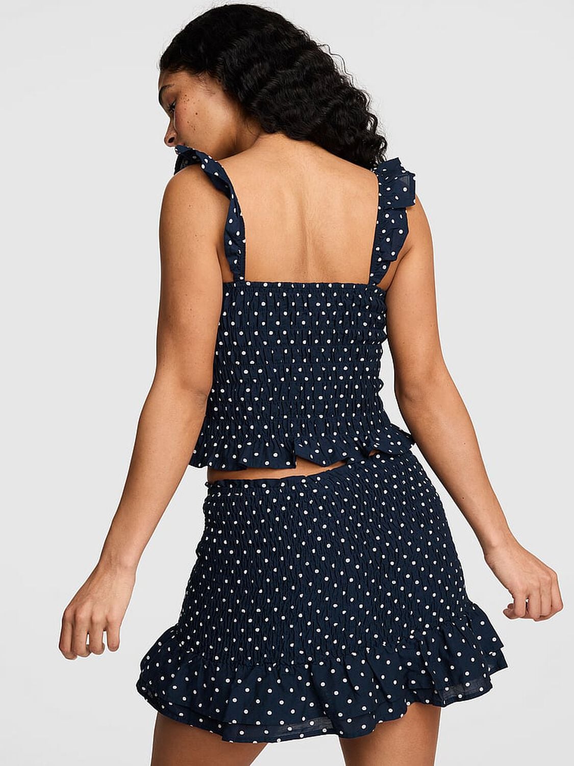 vs Pink Flirty Fit Smocked Mini Skirt Noir Navy Polka Dot 2 of 3 