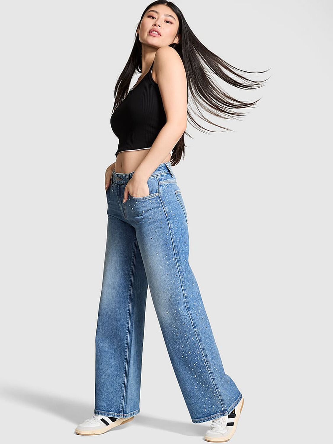 pink Pink Denim by PINK Mid-Rise Baggy Wide-Leg Jeans Side Diamante Medium Wash 1 of 3 