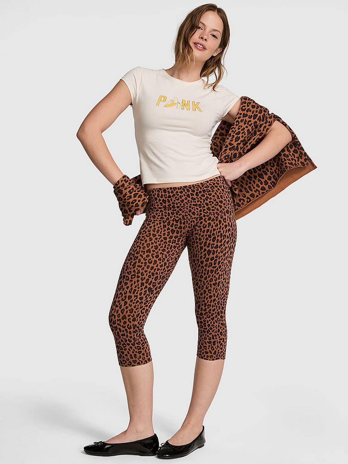vs Pink All-Day Cotton&trade; Foldover Capri Leggings Leopard 1 of 4 