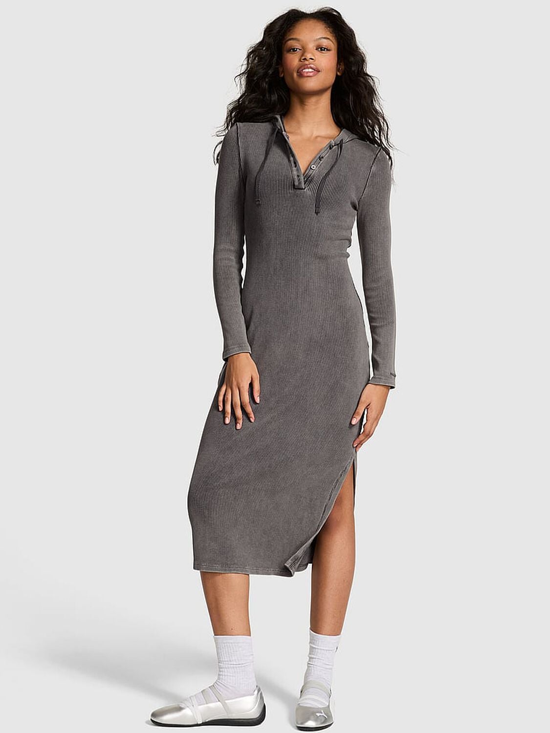 pink Pink Vintage Ribbed Henley Hoodie Dress Pure Black 1 of 3 