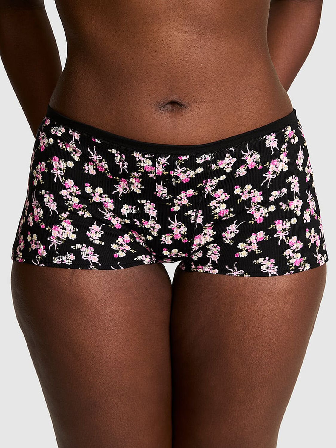 vs Pink Cotton Dorm Boyshort Panty Black Floral Bow 1 of 3 