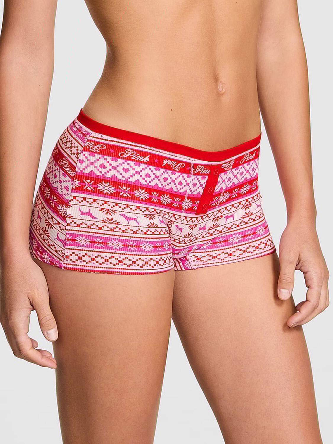 vs Pink Cotton Dorm Boyshort Panty Bright Vermillion Fairisle Print 1 of 3 