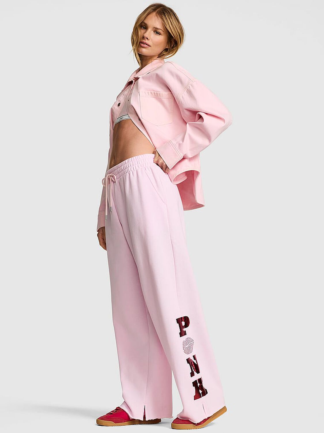 vs Pink Campus Fleece&trade; Wide-Leg Split-Hem Sweatpants Pink Tulip Vday 1 of 3 