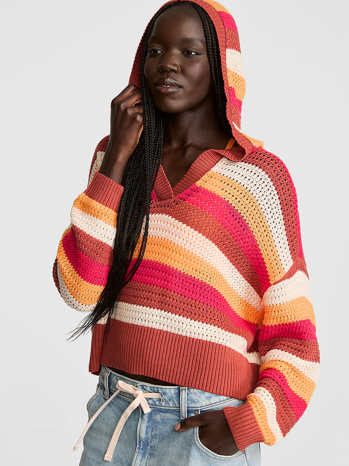 vs Pink Crochet V-Neck Hoodie Multi Stripes 1 of 4 