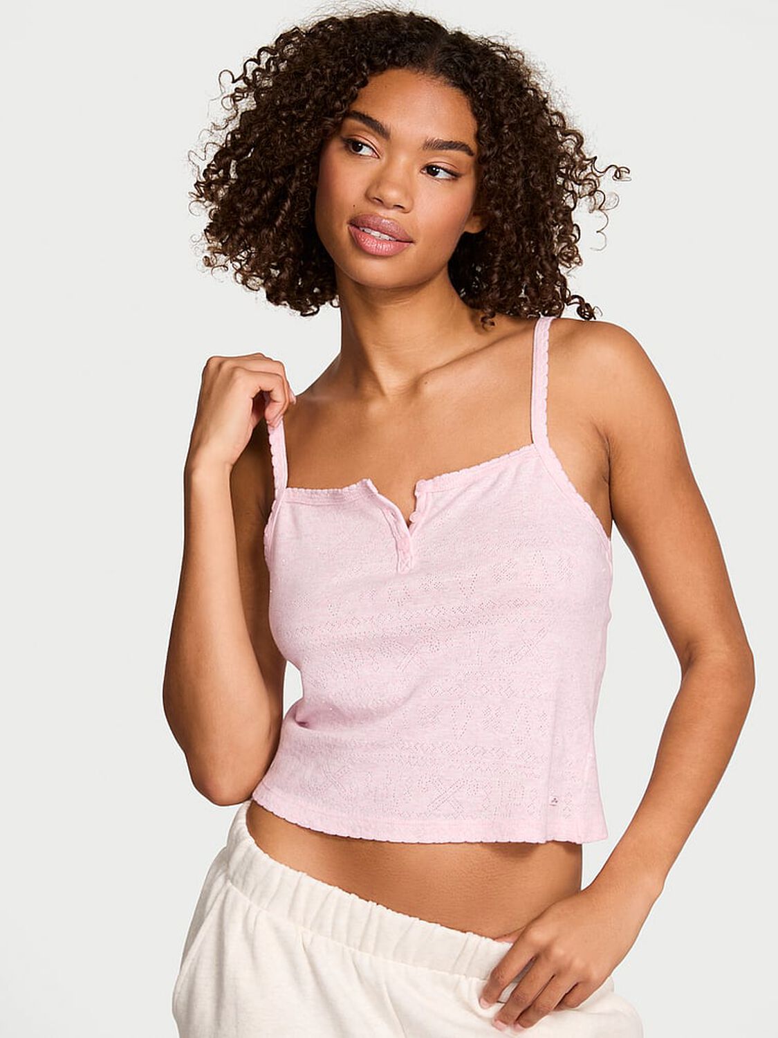 vs Pink Pointelle Henley Cami Heathered Pink Petal Woven Shine 1 of 2 