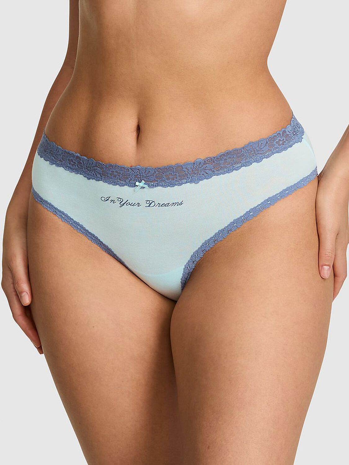 vs Pink Cotton Lace-Trim Cheeky Panty Spray Blue "In Your Dreams" 1 of 3 