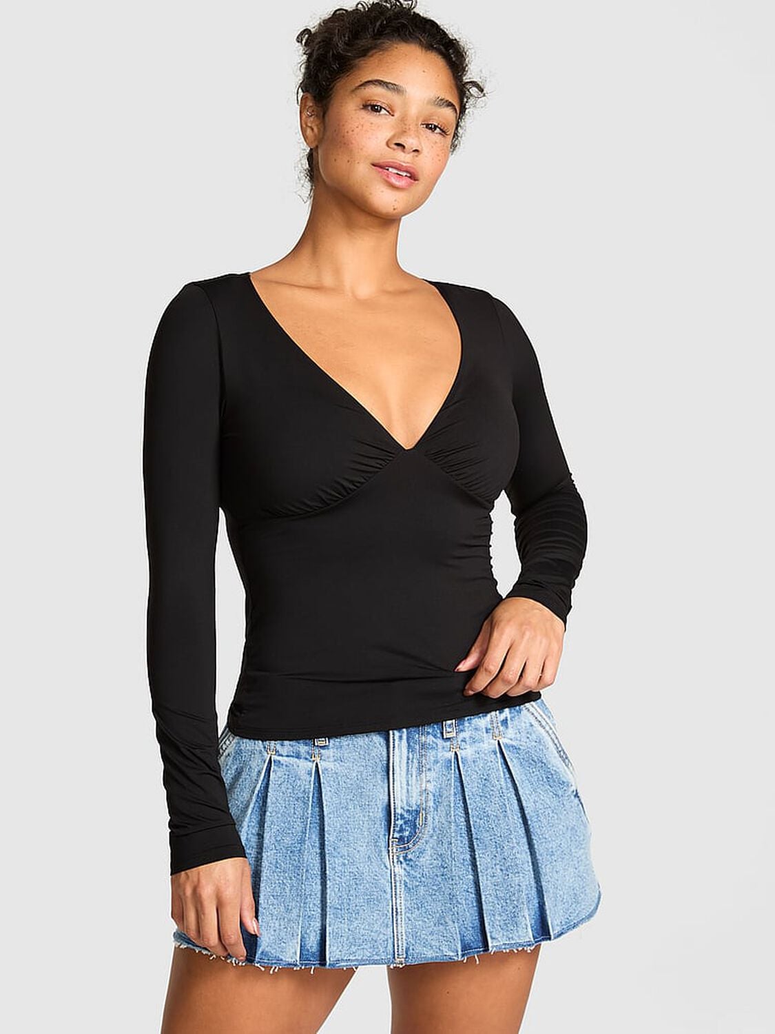 pink Pink Base Stretch Ruched Long-Sleeve Tee Pure Black 1 of 2 