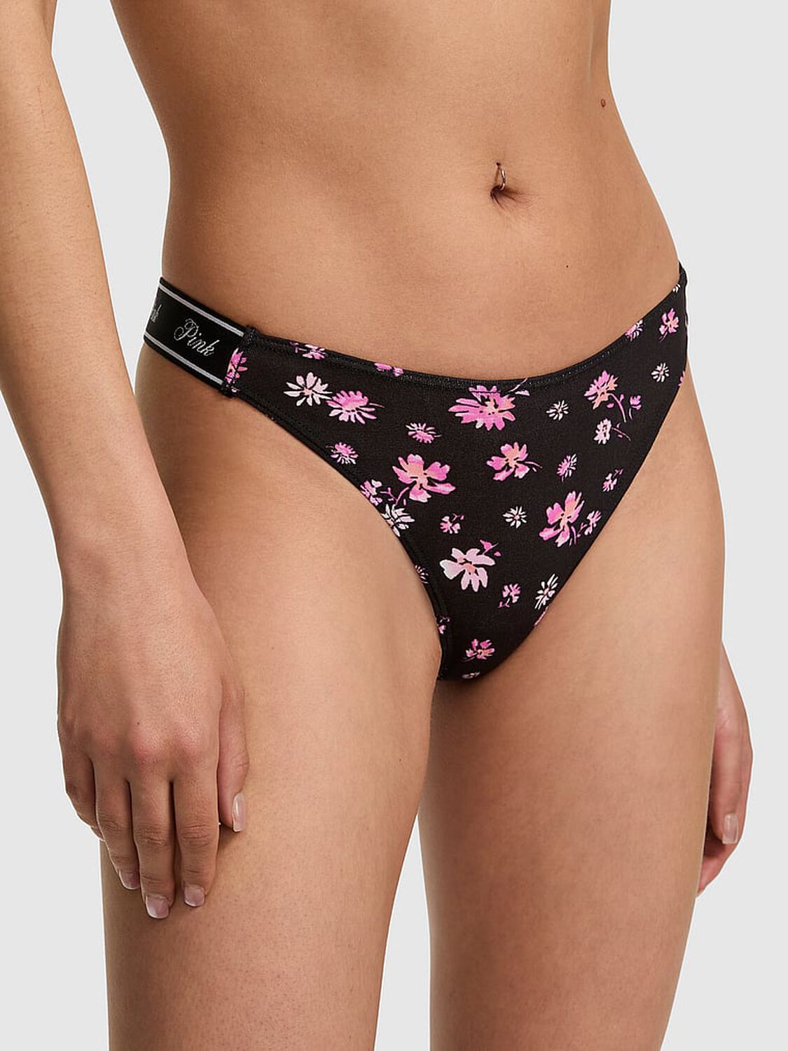 vs Pink Logo Cotton Shine High-Leg Thong Panty Black Floral Ditsy Print 1 of 3 