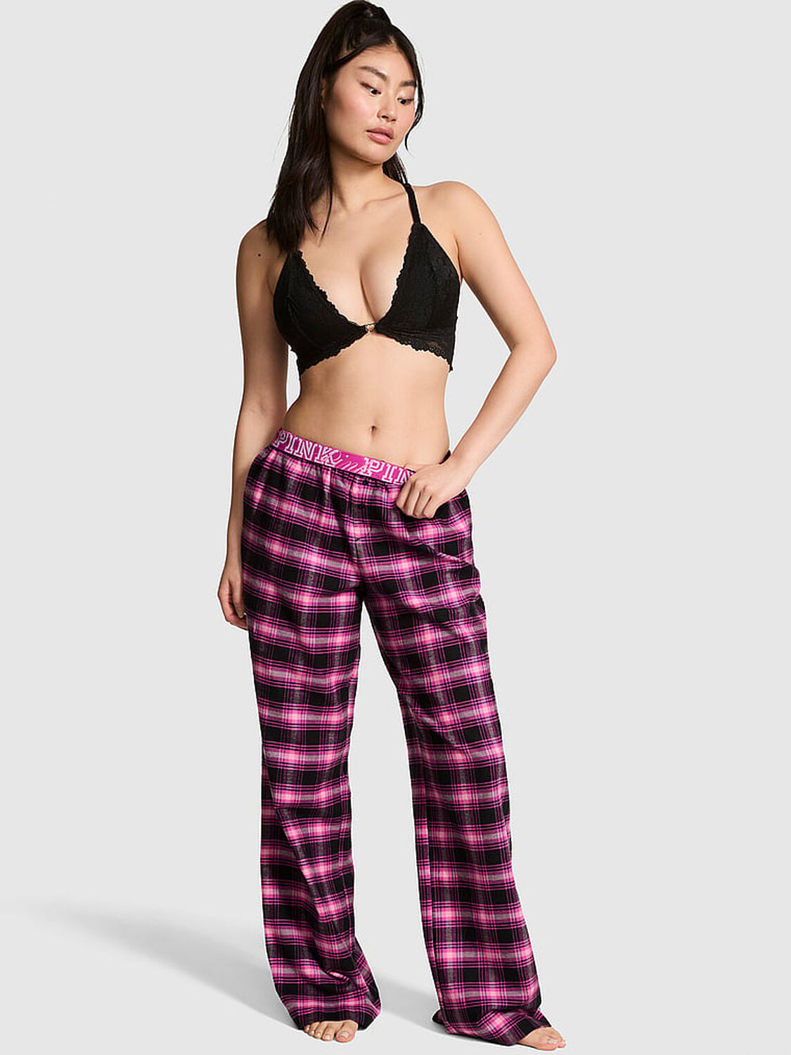vs Pink 100% Cotton Favorite Flannel Pajama Pants Black And Pink Fire Plaid 1 of 3 