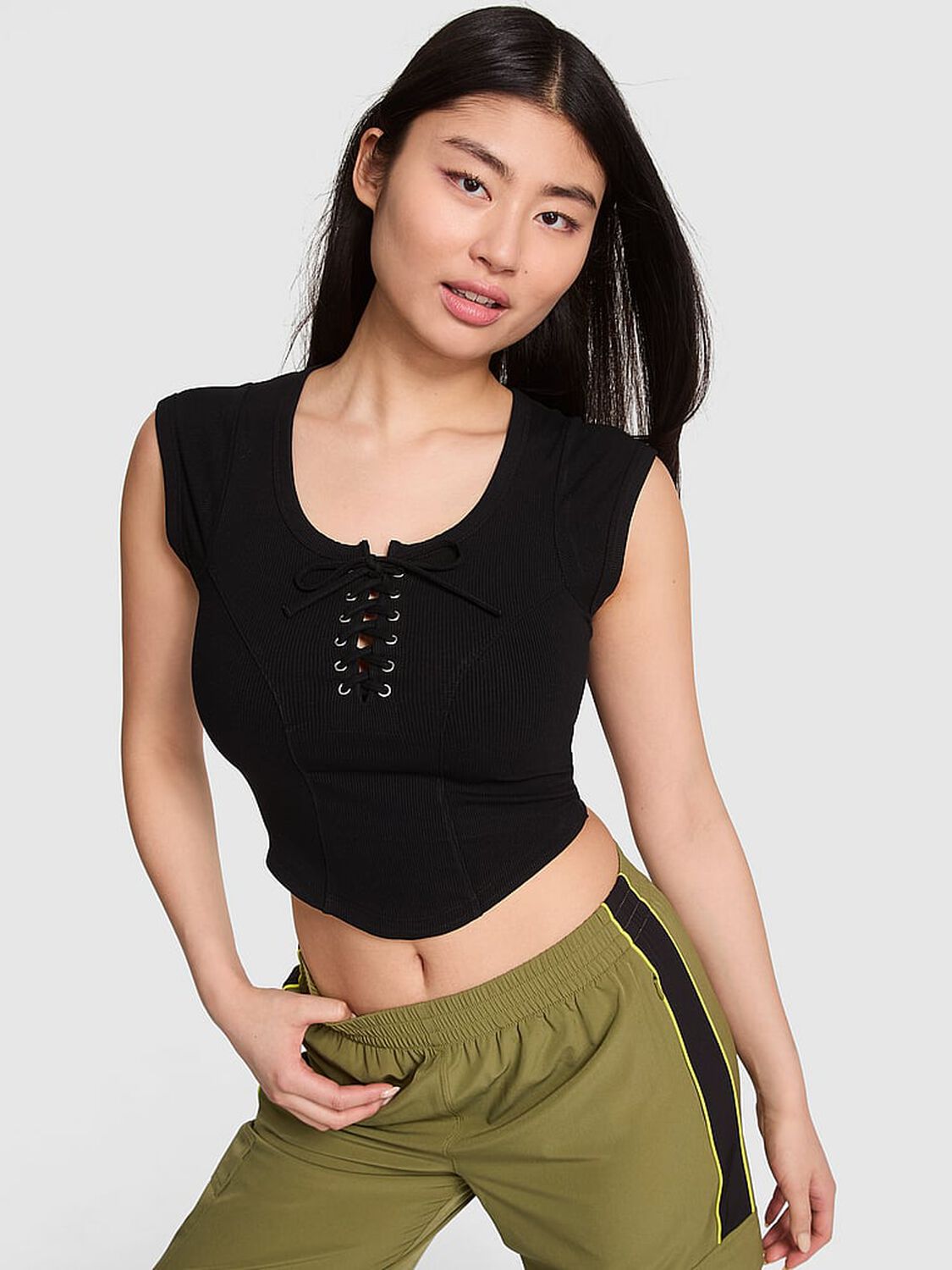 vs Pink All-Day Soft Ribbed Lace-Up Top Pure Black 1 of 3 