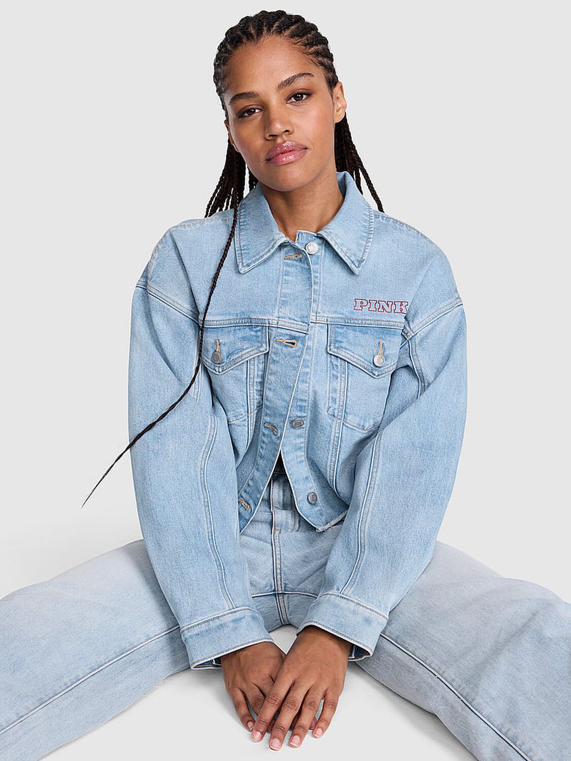 vs Pink Denim by PINK Frayed Cutoﬀ Trucker Jacket Coastal Blue Wash 1 of 4 