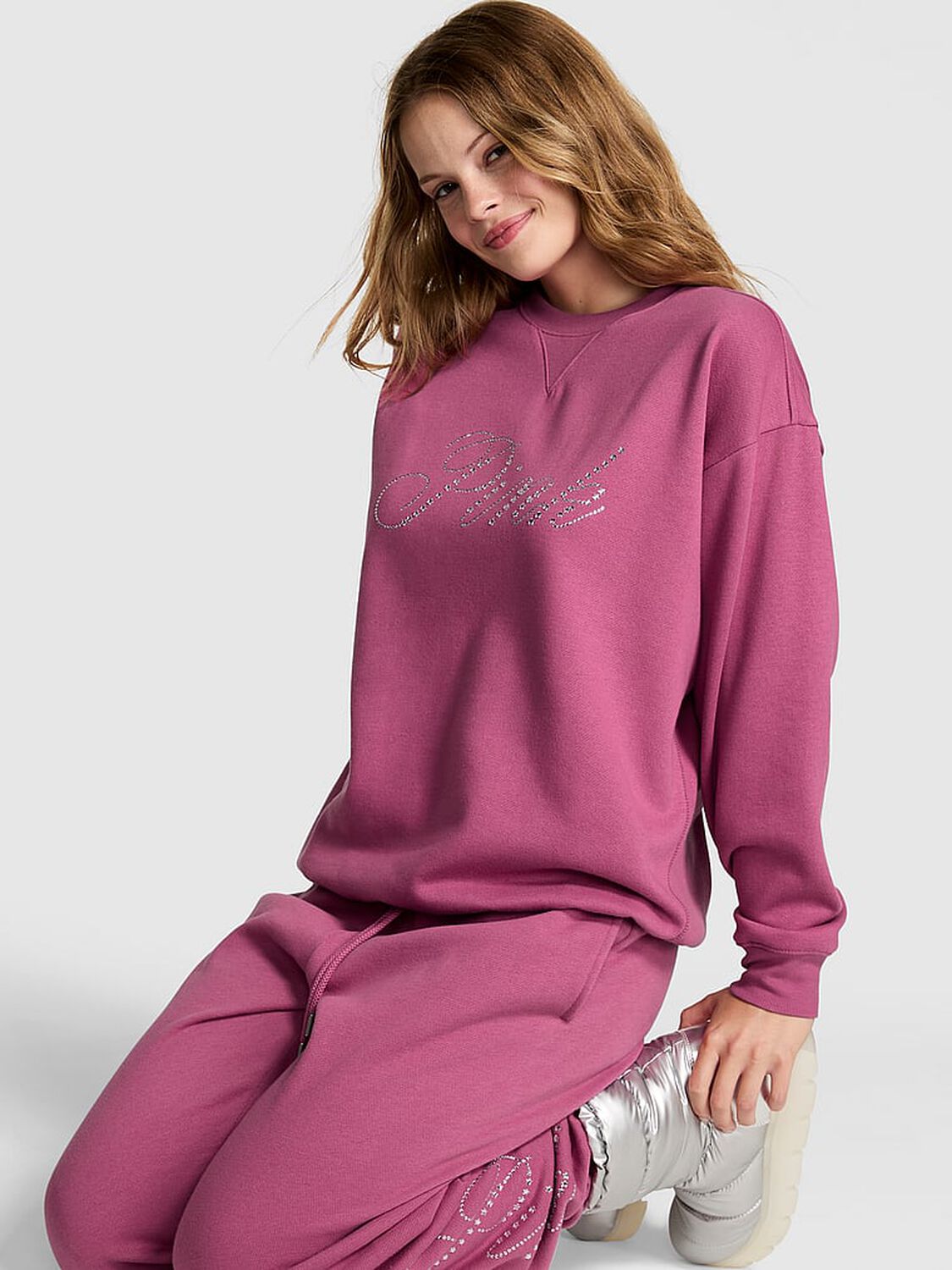 vs Pink Ivy Fleece Oversized Crew Sweatshirt Red Violet Ott Shine 1 of 3 