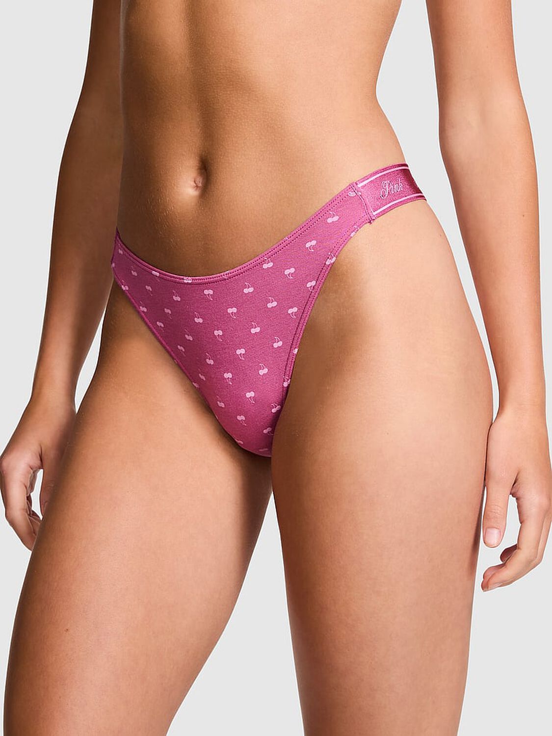 vs Pink Logo Cotton High-Leg Thong Panty Midnight Mauve Cherry Print 1 of 3 