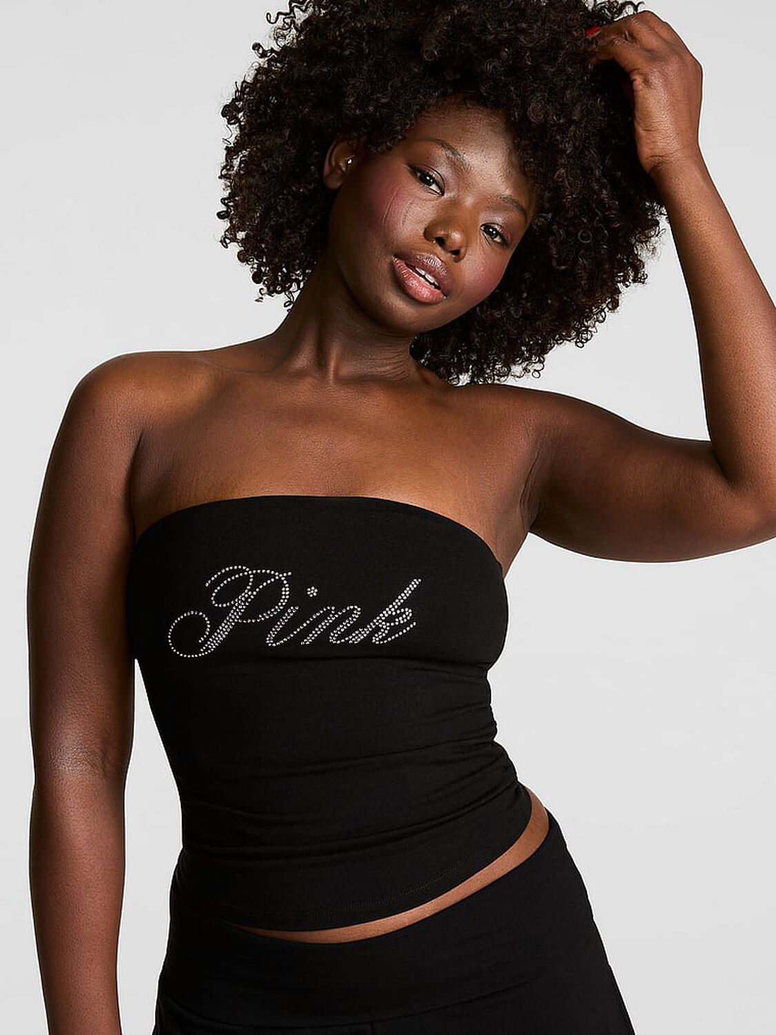 vs Pink All-Day Cotton&trade; Side-Ruched Tube Top Pure Black With Pink Bling 1 of 3 
