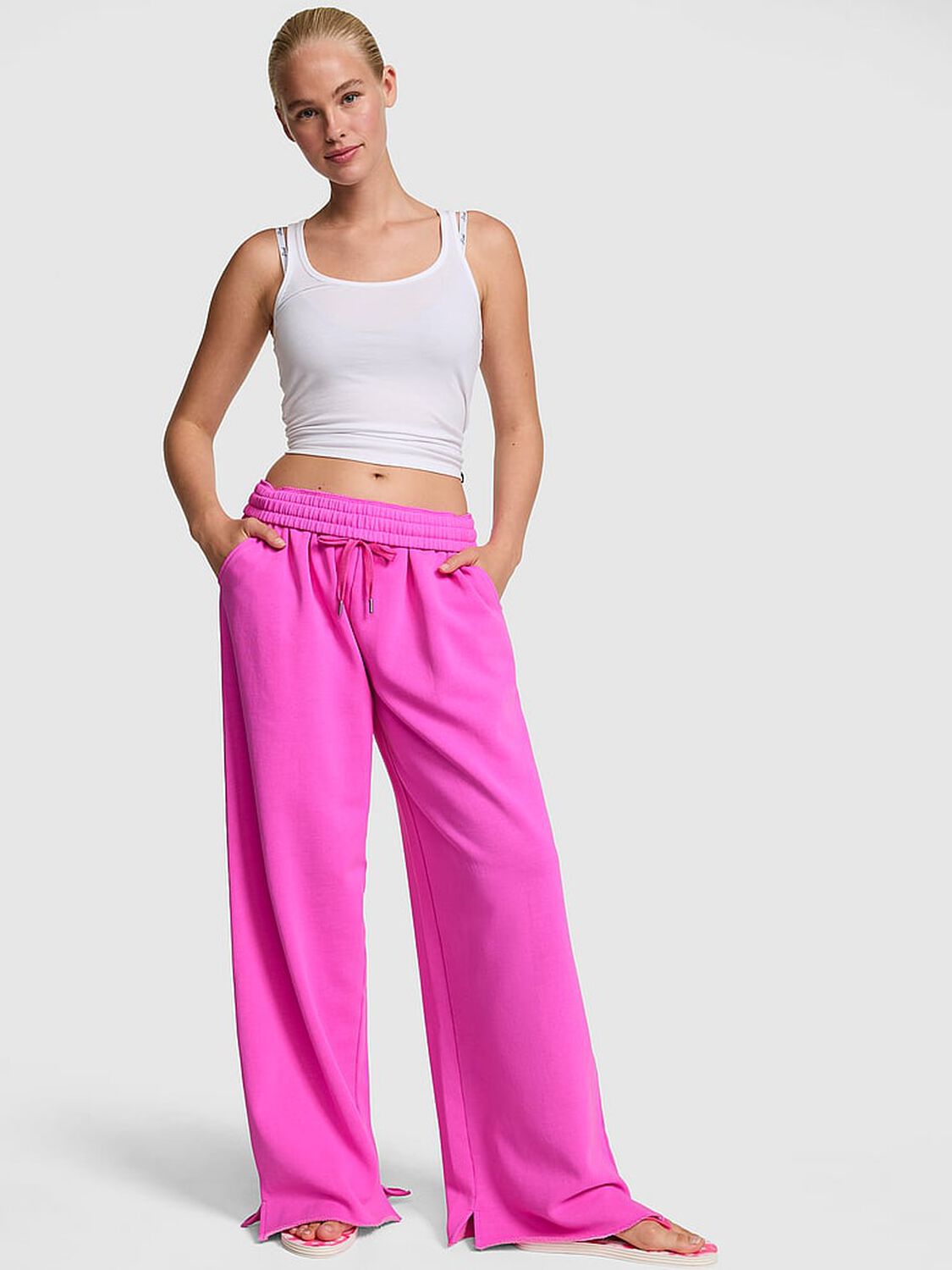 vs Pink Campus Fleece&trade; Wide-Leg Split-Hem Sweatpants Pink Berry 1 of 3 