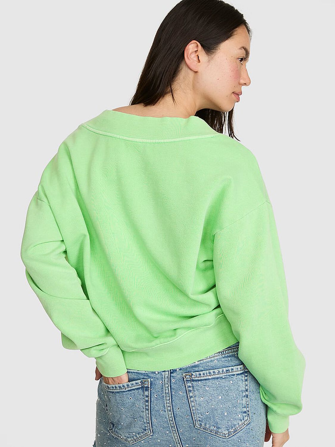 vs Pink Campus Fleece&trade; V-Neck Sweatshirt Graphic Green 2 of 3 