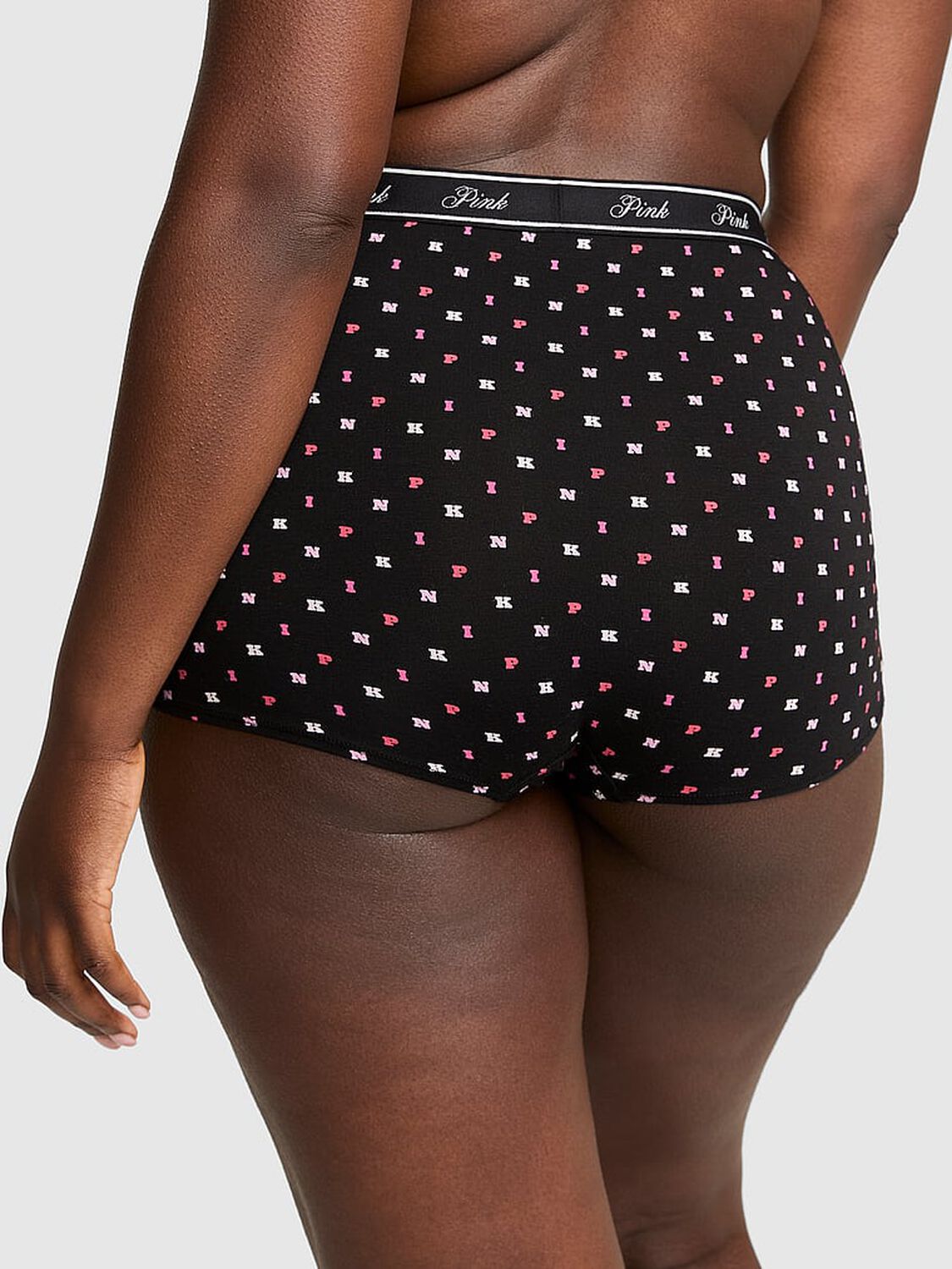 vs Pink Logo Cotton High-Waist Boyshort Panty Black Block P I N K Print 2 of 3 