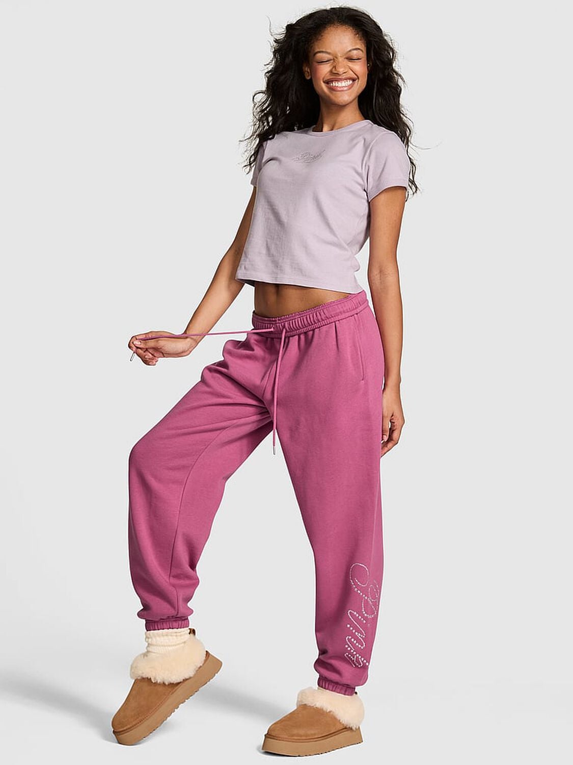 vs Pink Ivy Fleece Campus Sweatpants Red Violet Diamante Ott Shine 1 of 3 