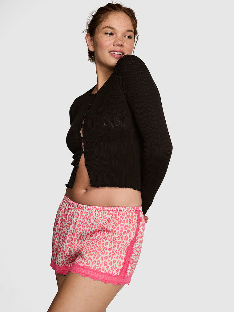 theredthread S jersey shorts lace ピンク Silky Lace-Trim Boxy Pajama Shorts Pink Tulip & Orange Leopard