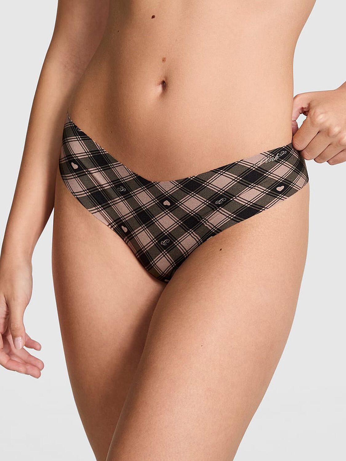 vs Pink No-Show Thong Panty Iced Coffee Buffalo Plaid Print 1 of 2 