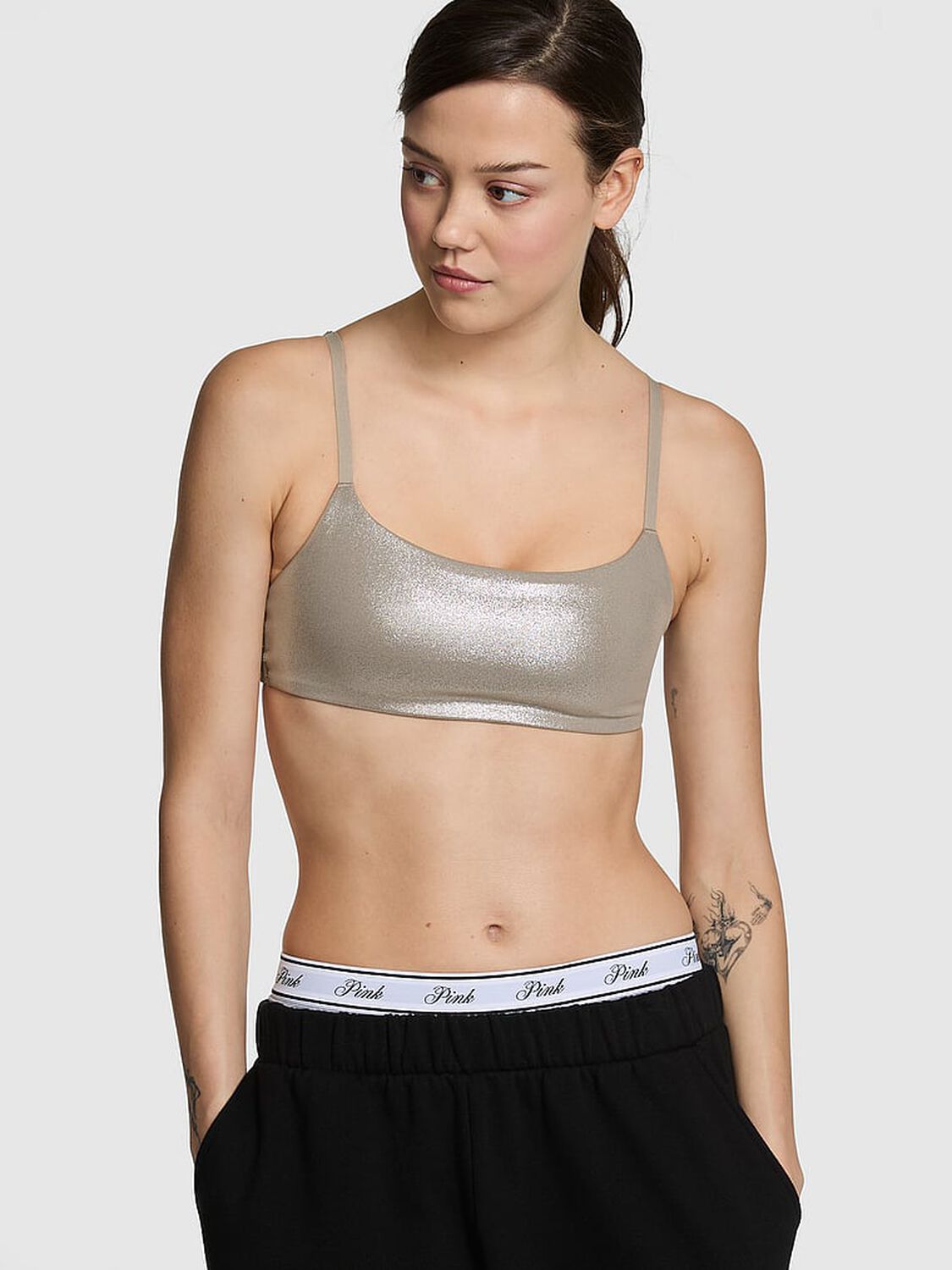 vs Pink Relay Square-Neck Sports Bra Panama Beige Foil 1 of 3 