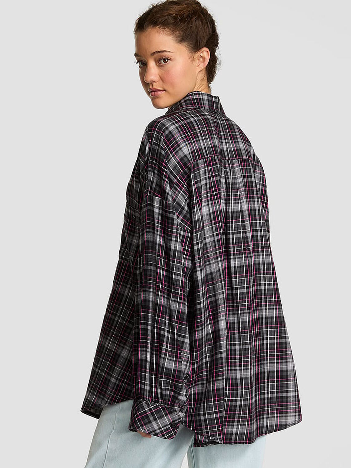 vs Pink Boyfriend Flannel Button-Down Sleepshirt Black Plaid 2 of 3 