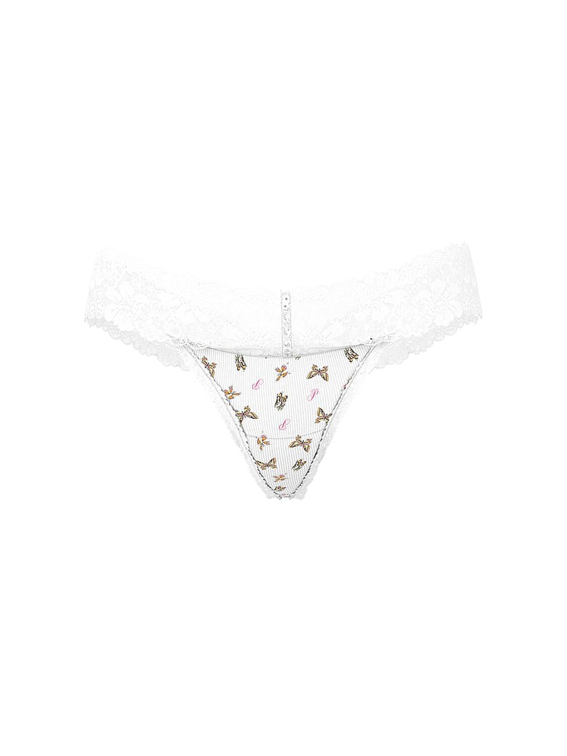 vs Pink Wink Lace-Trim Thong Panty White Butterfly Print 1 of 2 
