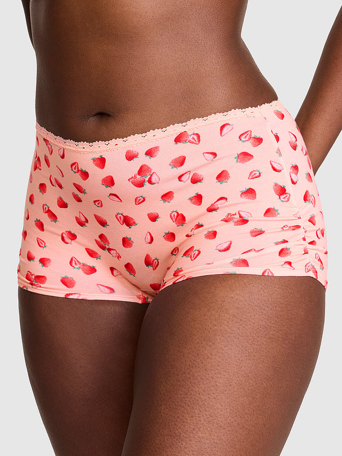 vs Pink Cotton Dorm Boyshort Panty Peach Tree Strawberry Print 1 of 3 