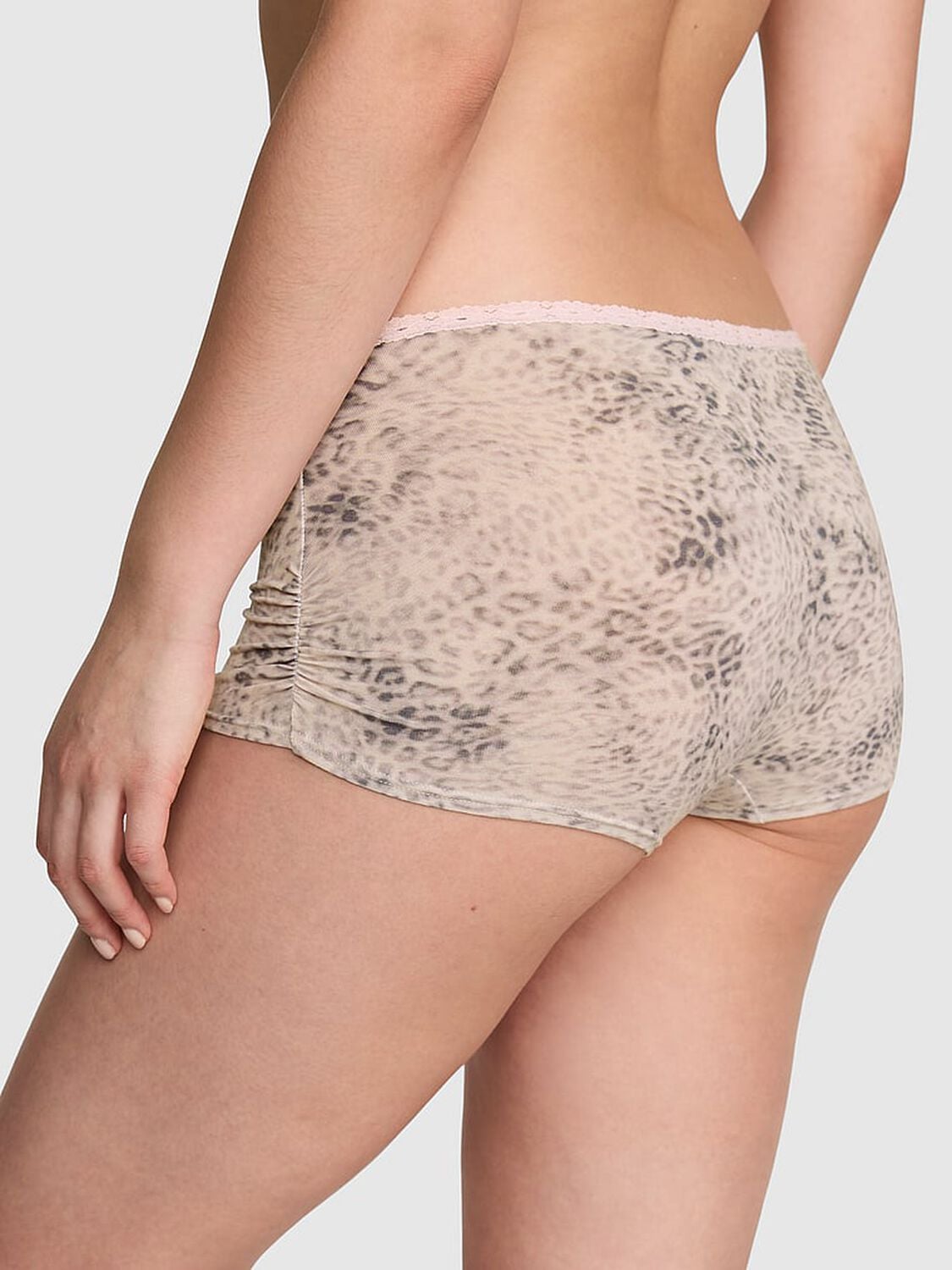 vs Pink Cotton Dorm Boyshort Panty Natural Leo Print With Pink Tulip Lace 2 of 3 