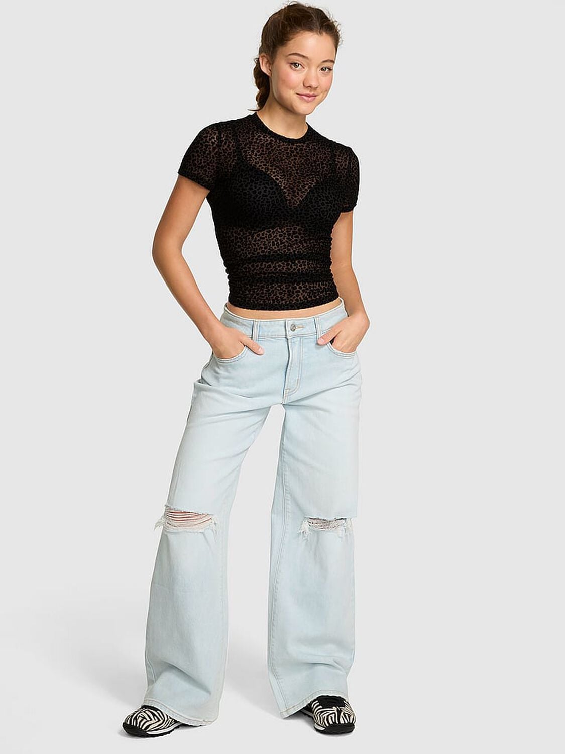 pink Pink Denim by PINK Mid-Rise Baggy Wide-Leg Jeans Super Light Wash Distress 1 of 3 