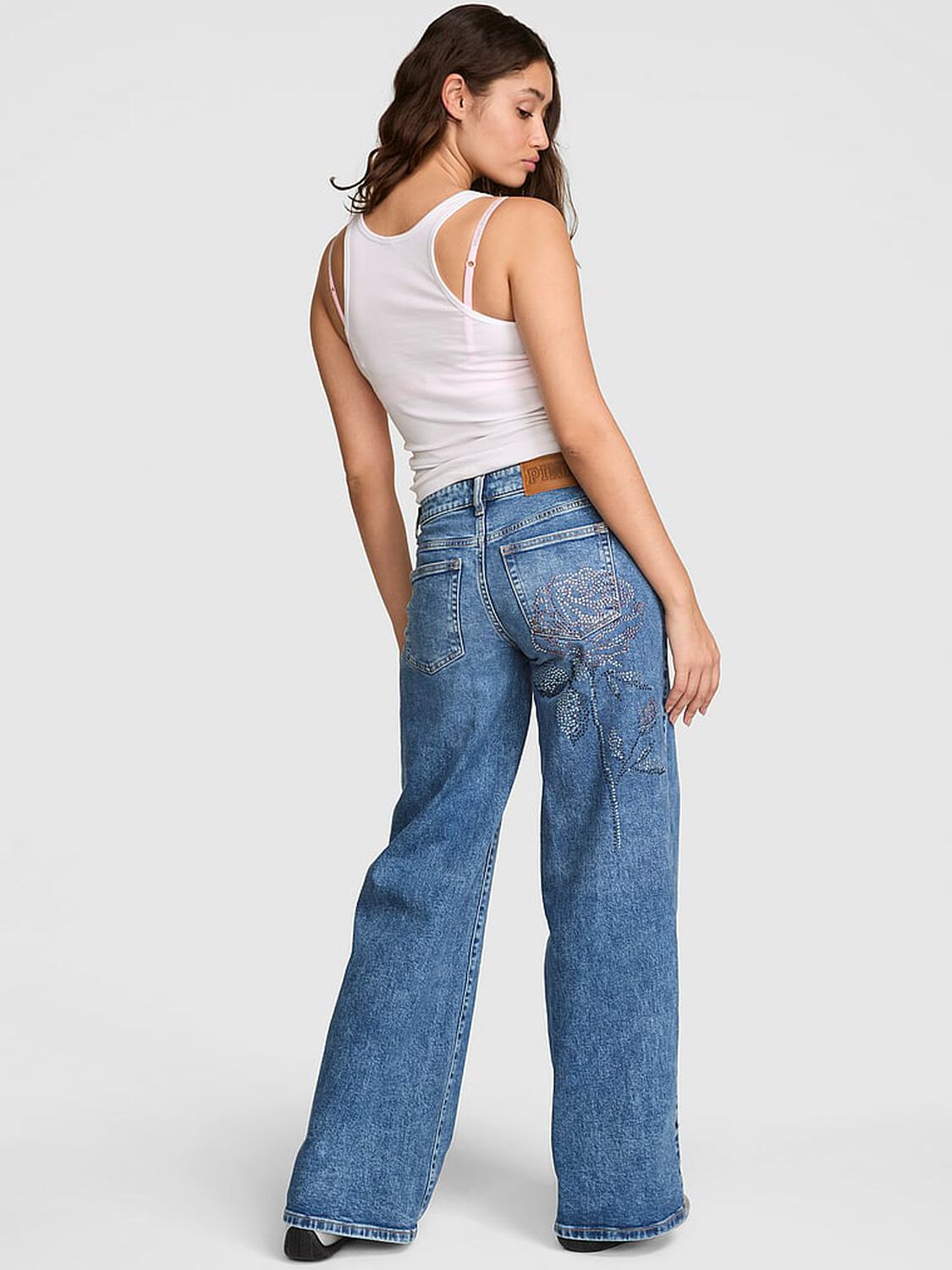 vs Pink Denim by PINK Mid-Rise Baggy Wide-Leg Jeans Medium Wash Floral Bling 2 of 3 