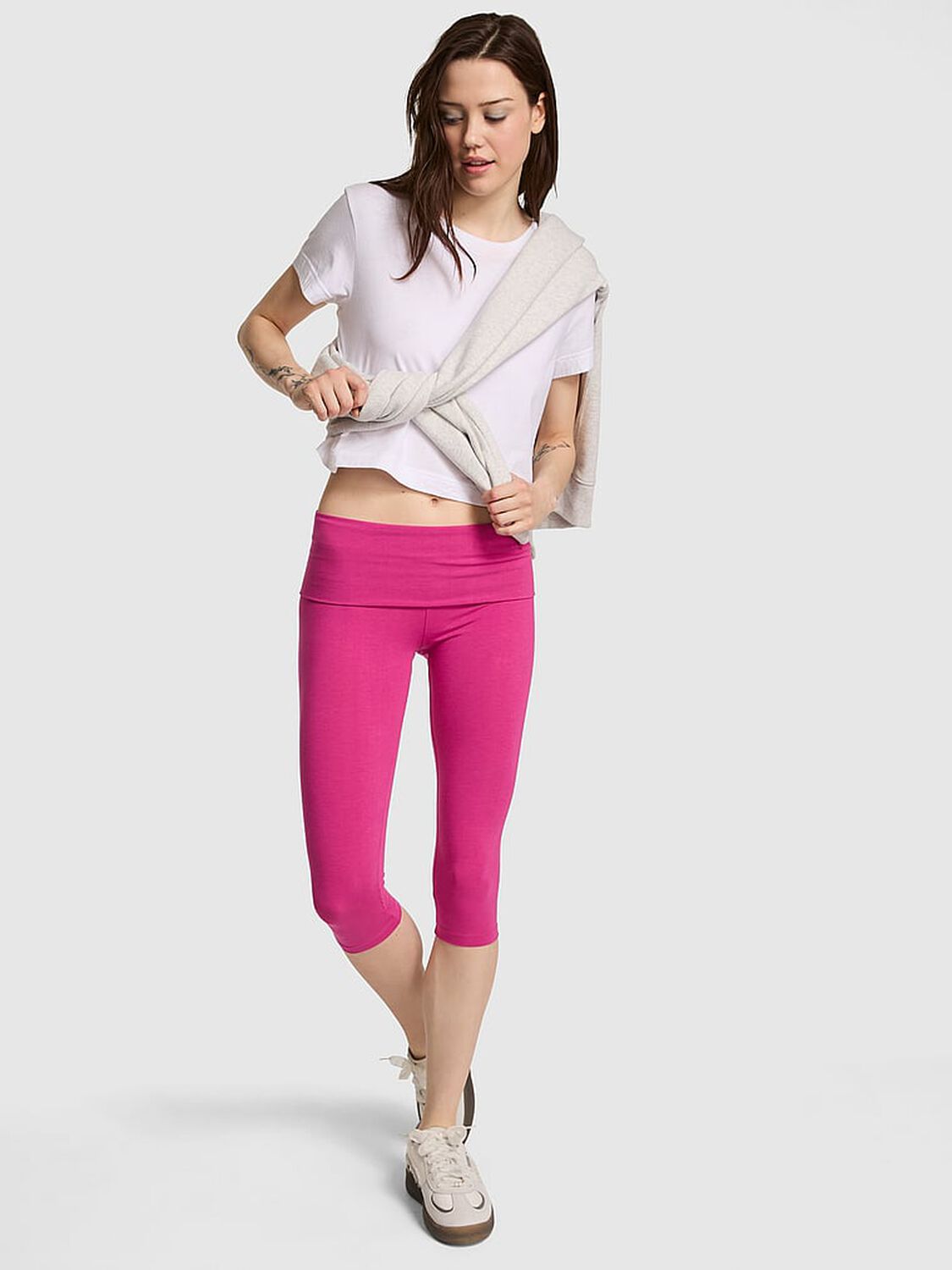 vs Pink All-Day Cotton Foldover Capri Leggings Pink Fire Shine 1 of 2 