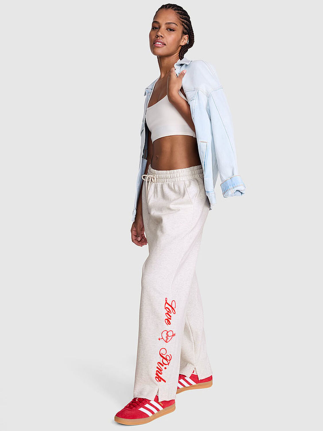vs Pink Campus Fleece&trade; Wide-Leg Split-Hem Sweatpants Snow Heather Vday 1 of 3 