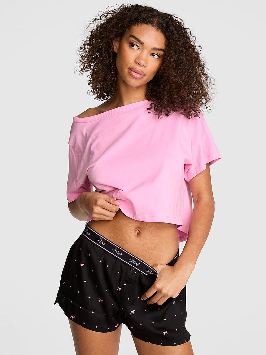 vs Pink Silky Sleep Boxy Pajama Shorts Black With Pink Dot & Dog 1 of 2 