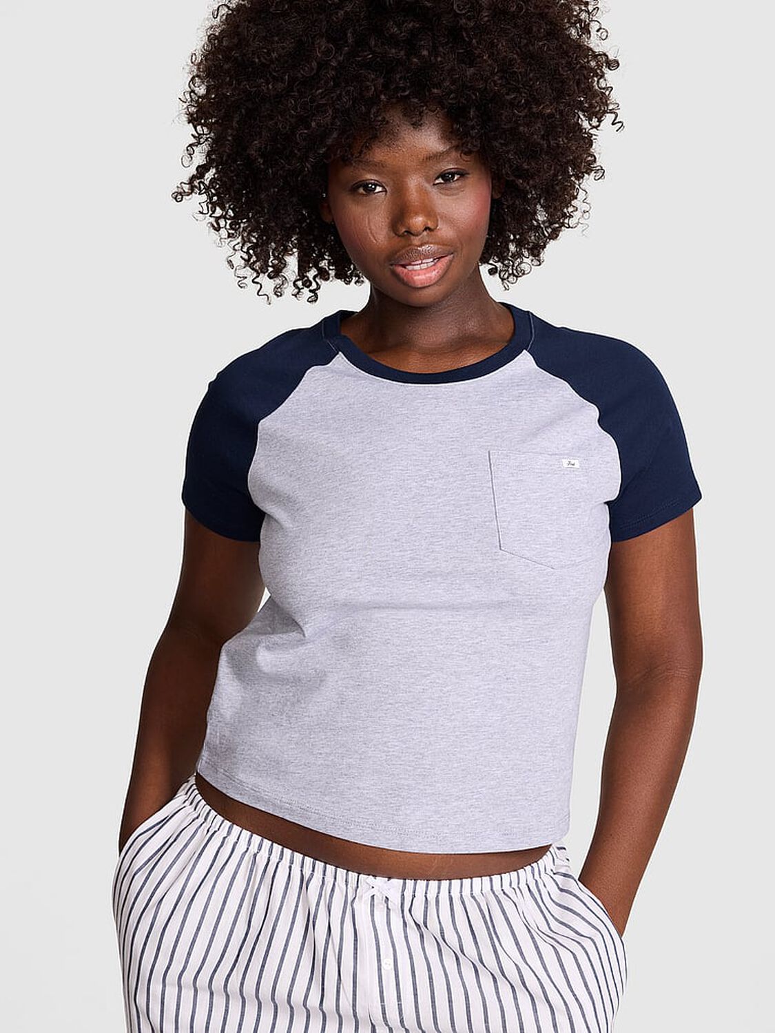 vs Pink Cotton Raglan Sleep Tee Medium Heather Grey & Noir Navy 1 of 3 