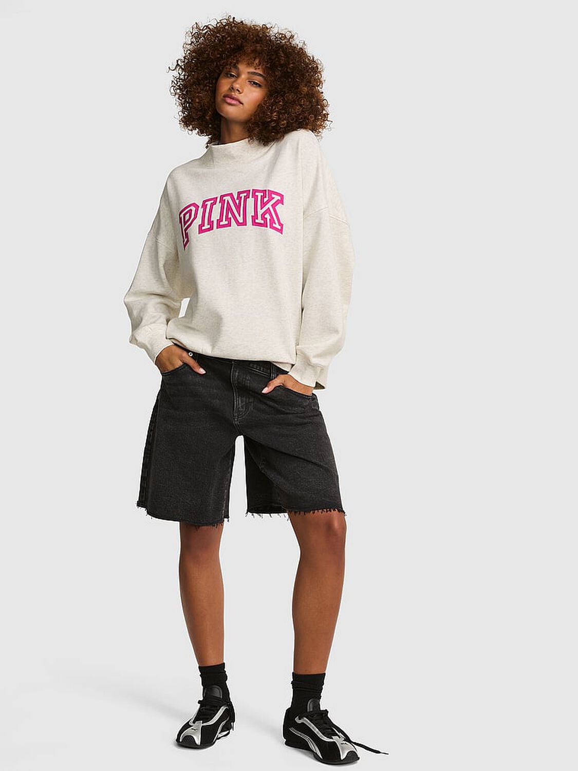 vs Pink Campus Fleece&trade; Oversized Mock-Neck Sweatshirt Snow Heather 1 of 3 