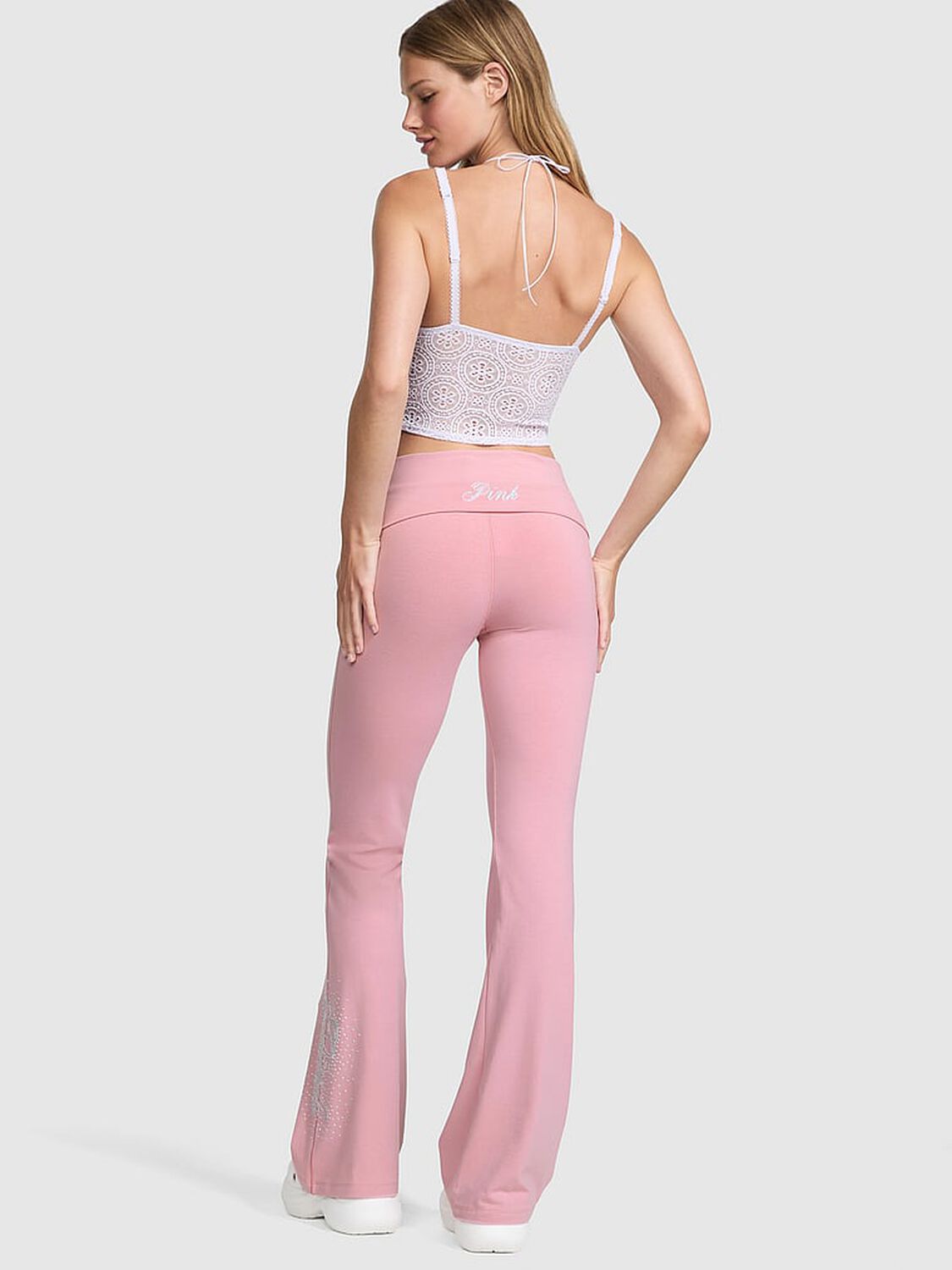 vs Pink All-Day Cotton Foldover Flare Leggings Cameo Pink Bling Leg 2 of 3 