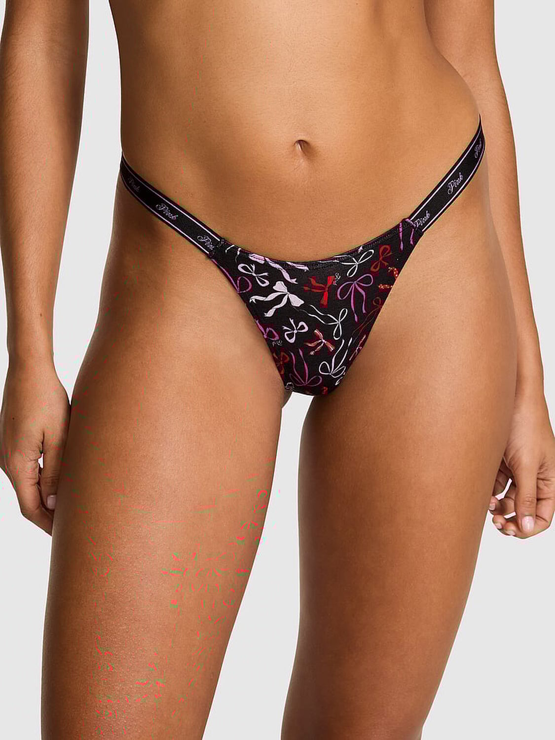 vs Pink Logo Cotton High-Leg Micro Thong Panty Black Bow Print 1 of 3 