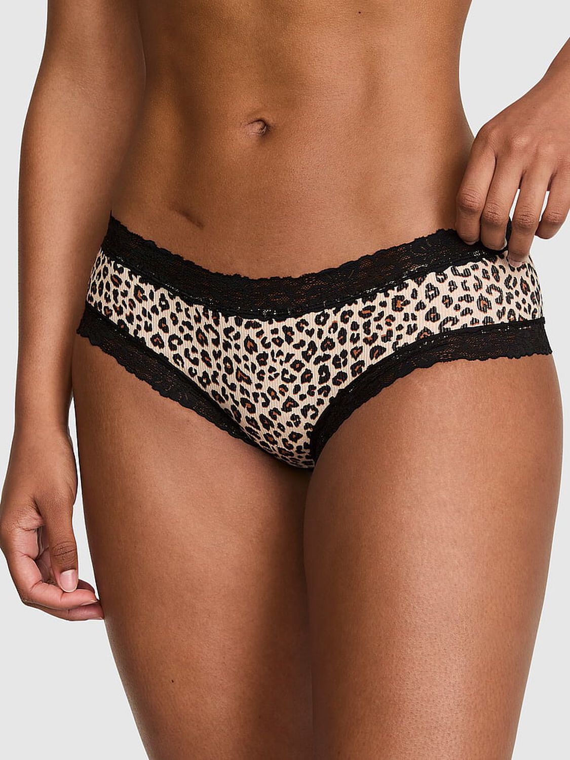 vs Pink Cotton Lace Trim Cheeky Panty Marzipan Leopard 1 of 3 