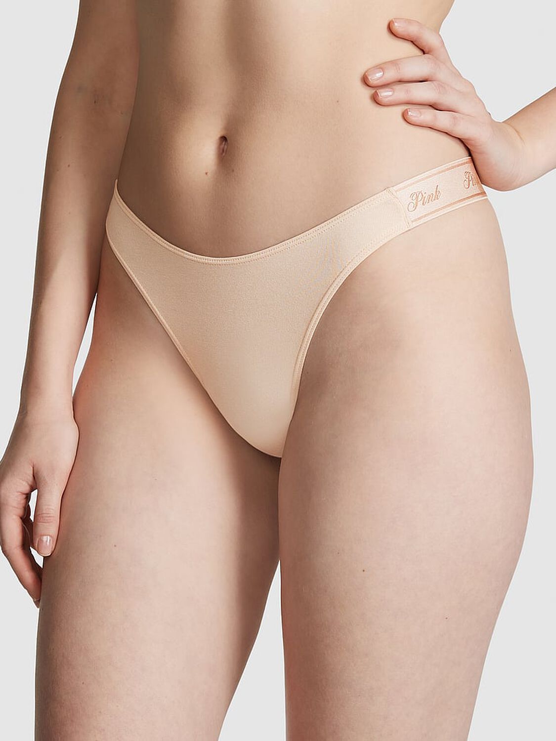 vs Pink Logo Cotton High-Leg Thong Panty Marzipan 1 of 3 