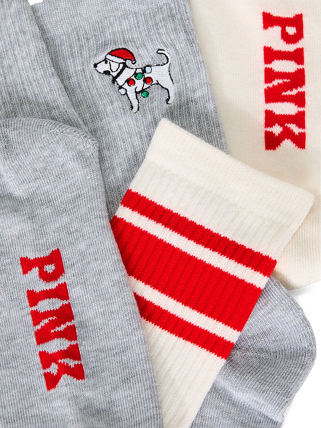 vs Pink 2-Pack Crew Socks Medium Heather Grey Santa Hat Dog/Winter White With Bright Vermillion Athletic Stripe 2 of 2 