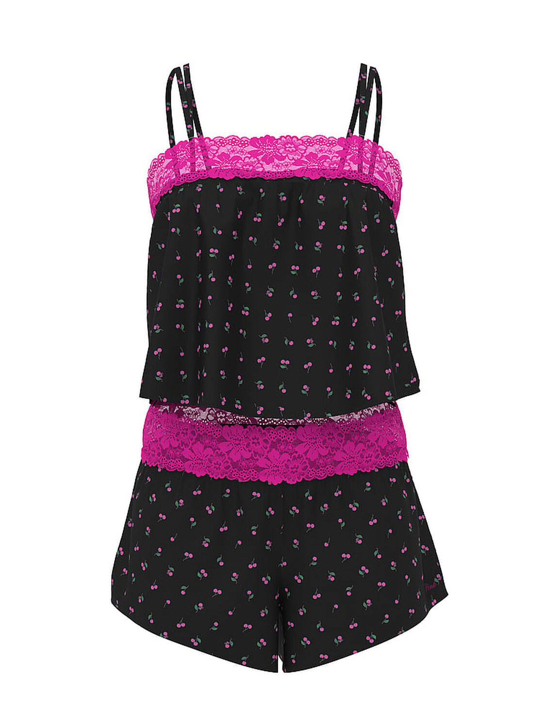 vs Pink Wink Lace-Trim Cami & Shorts Set Black W/ Pink Cherries 3 of 3 