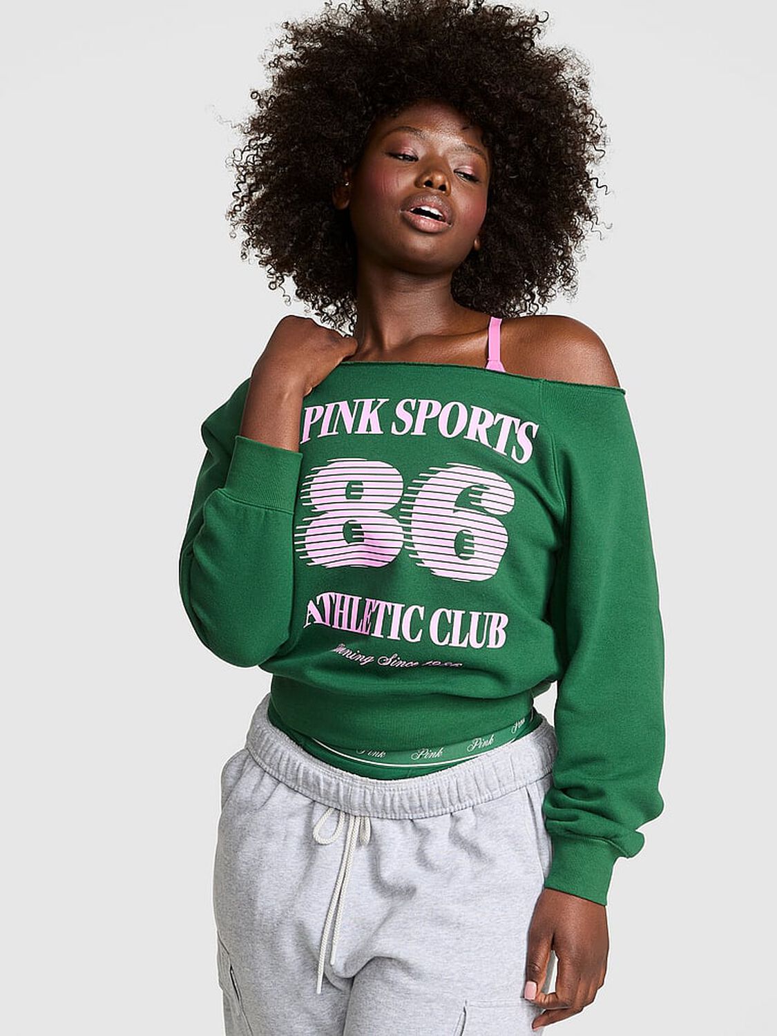 vs Pink Ivy Fleece Off-The-Shoulder Sweatshirt Jaquar Green Sports Club 1 of 3 