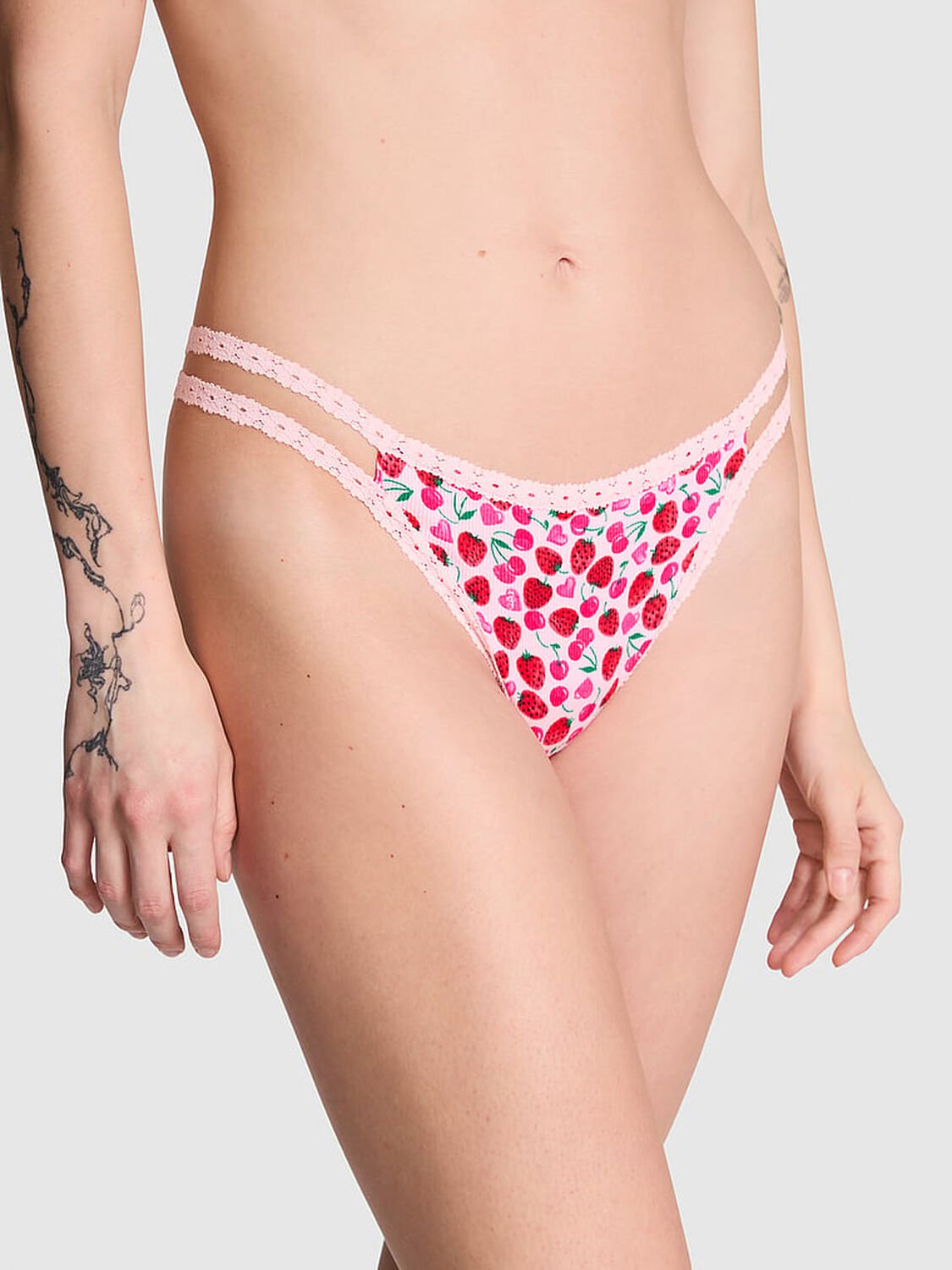 vs Pink Wink Strappy Thong Panty Pink Cherry Heart Print 1 of 3 
