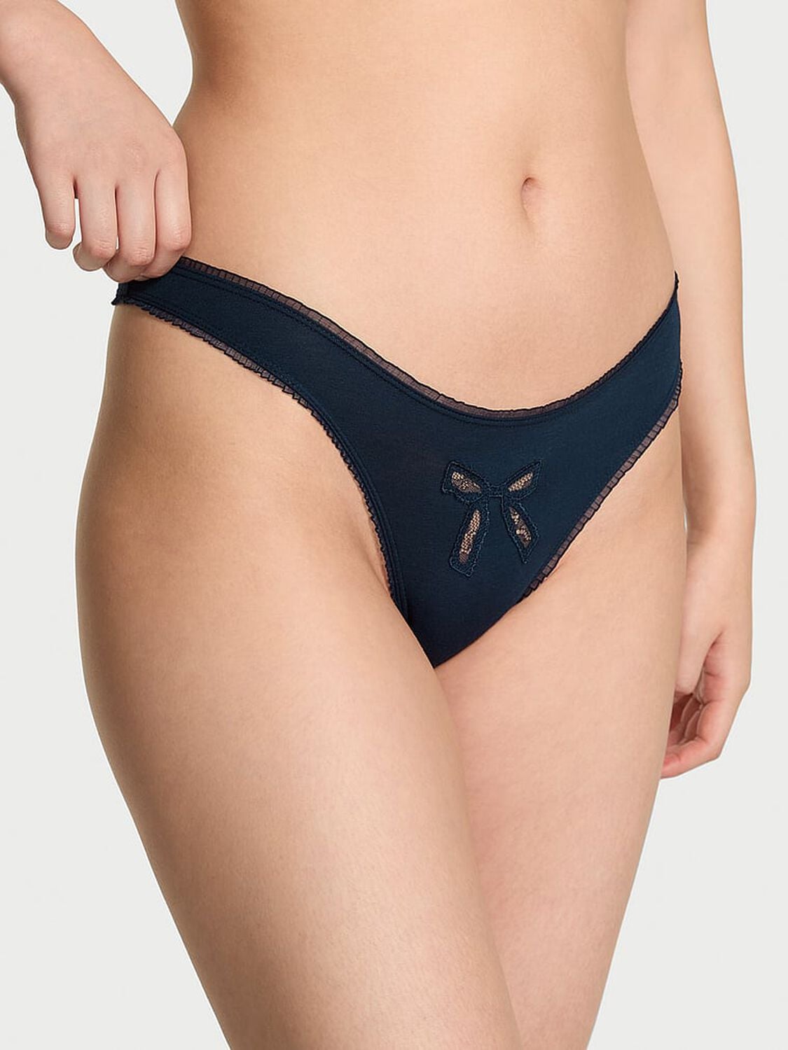 pink Pink Cotton High-Leg Thong Panty Noir Navy Bow Mesh Graphic 1 of 2 