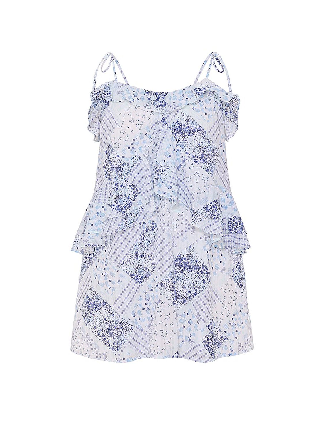 vs Pink Flowy Ruffle Mini Dress Blue & White Patchwork Floral 3 of 3 