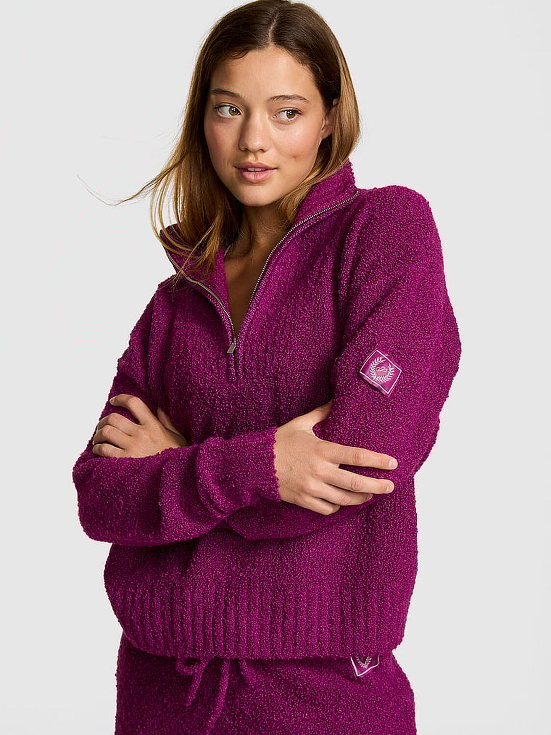 vs Pink Cozy Boucl&eacute; Half-Zip Sweater Magenta Rose 1 of 2 